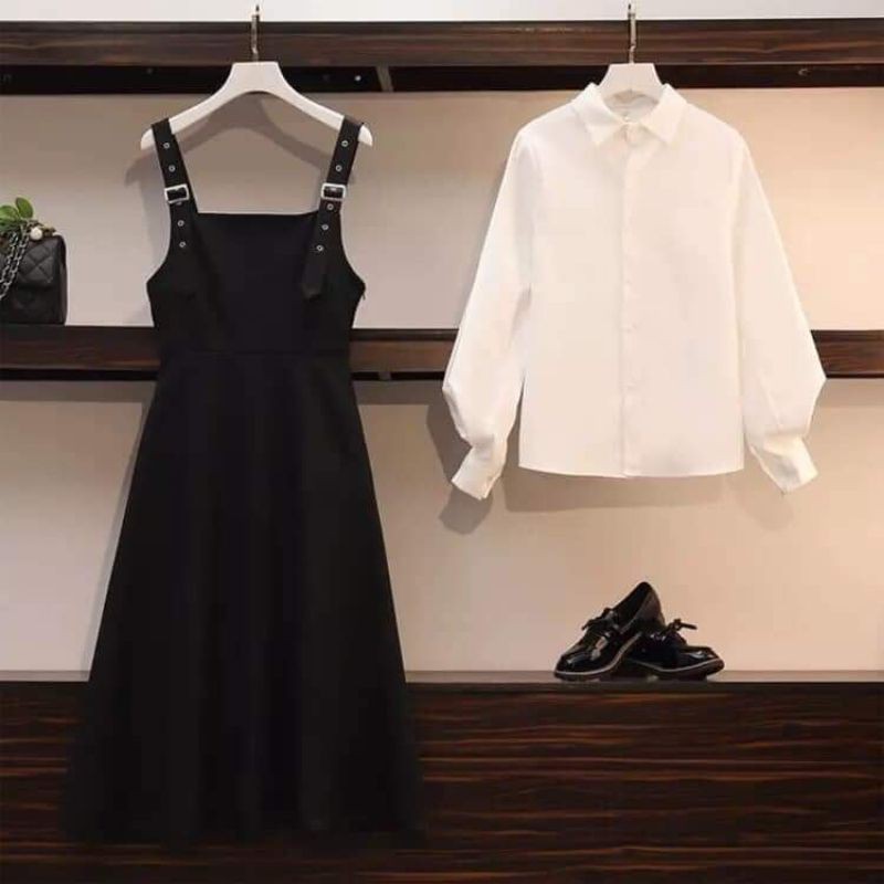 Set Váy Yếm VINTAGE Sơ Mi Tay Bồng Tiểu Thư sét 2 món
