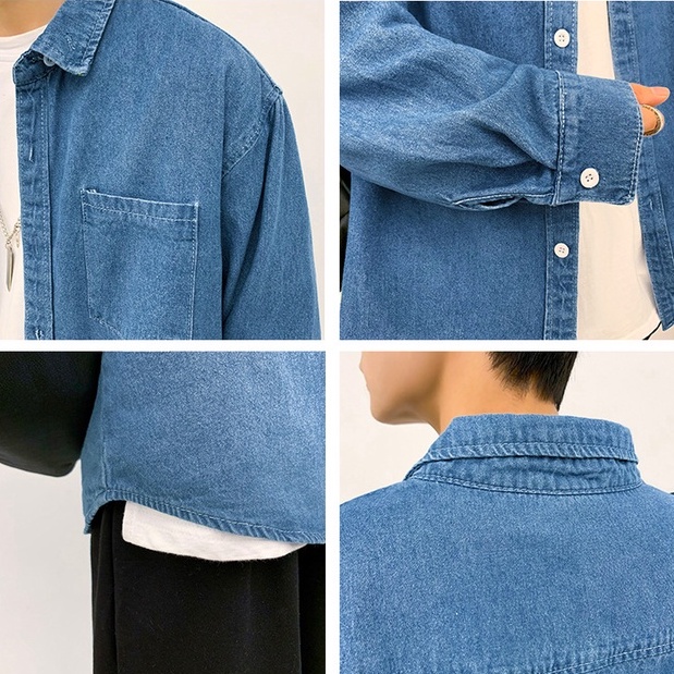 Áo sơ mi jean nam form rộng dài tay màu xanh đậm phong cách Hàn Quốc 2021 PON.MENS