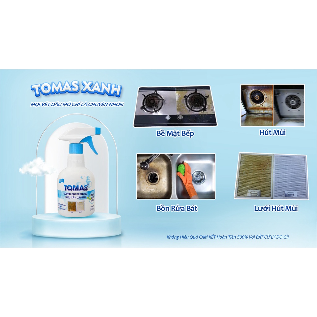 Tẩy dầu mỡ hút mùi, tẩy dầu mỡ lâu ngày nhà bếp TOMAS dạng xịt Siêu Sạch, Nhanh, An Toàn - 550g