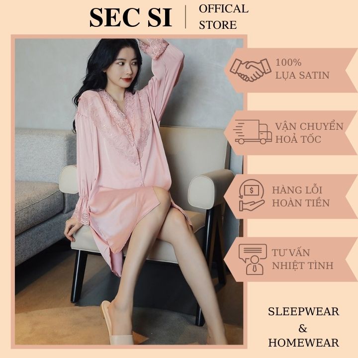 Váy ngủ lụa satin cao cấp SEC SI - Đầm ngủ sơ mi tay dài phối ren cổ chữ V tiểu thư sang chảnh S040