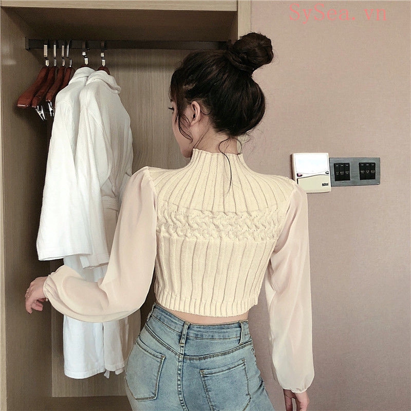 Women's White long Sleeve Croptop Sexy Knit Shirt