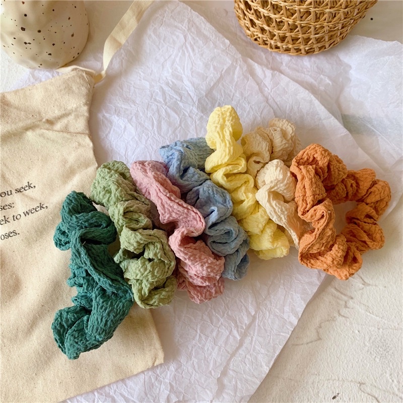 Dây buộc tóc Scrunchies nhiều màu vải đũi xốp cho nữ