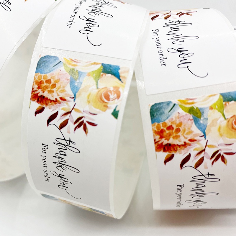 Tem Sticker Thank you in màu tự dính - Tem cảm ơn in hoa hình  kiểu tem dài hình chữ nhật