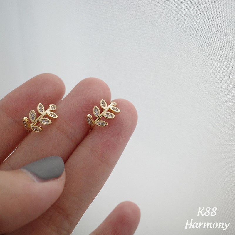 Khuyên tai nữ bạc kẹp vành không cần bấm lỗ hình lá oliu đính đá xinh xắn | HARMONY ACCESSORIES K88
