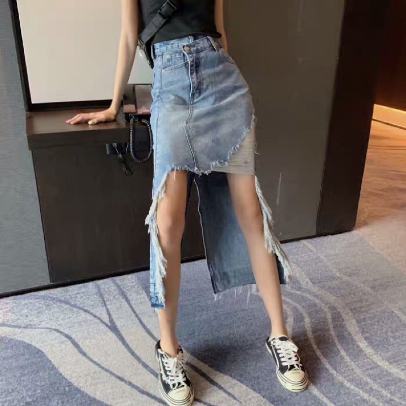 Chân váy bò tua rua vạt lệch cách điệu Ulzzang dáng dài siêu chất cá tính ❤️