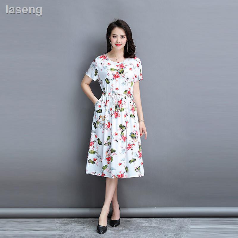 Đầm Cotton Lụa Tay Ngắn Dáng Rộng In Hoa Thời Trang Mùa Hè Cho Nữ Trung Niên 40-50 Tuổi