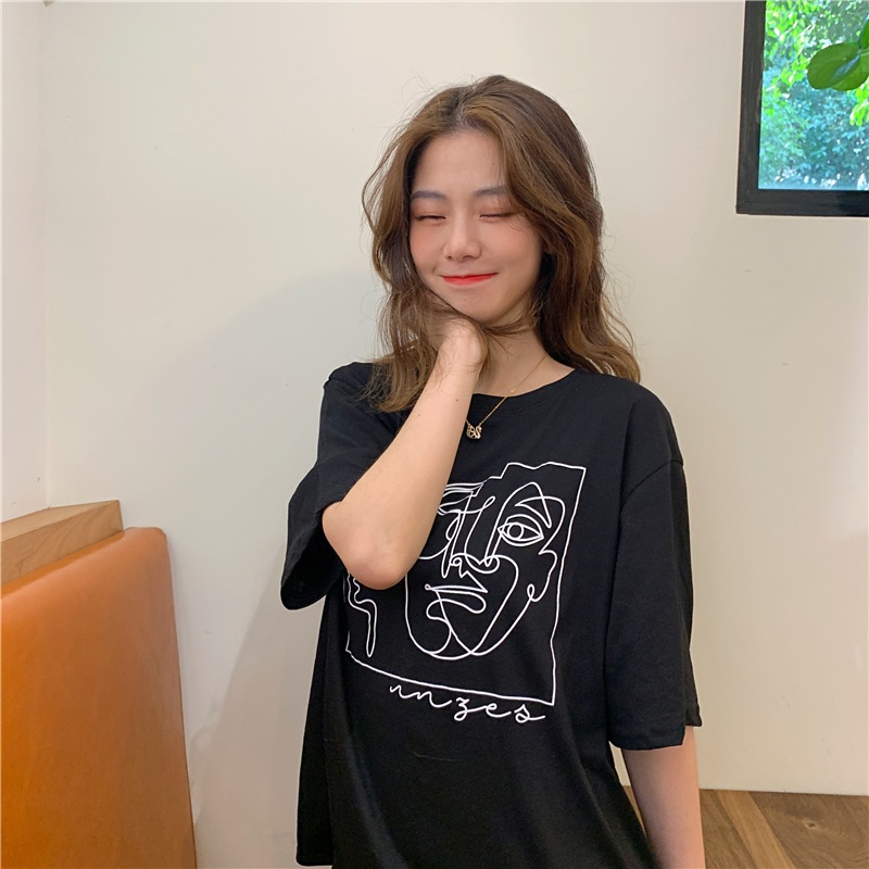Áo thun nữ tay lỡ form rộng unisex họa tiết graffiti phông cotton đẹp co giãn đen - AT06