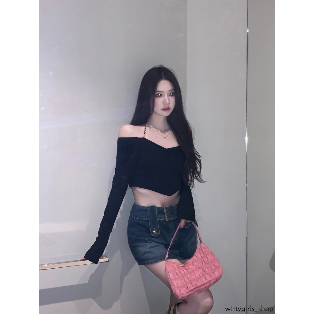 Wittygirls_ Shop | Áo Thun Tay Dài Phối Dây Xích Thời Trang Mùa Xuân Quyến Rũ Cho Nữ