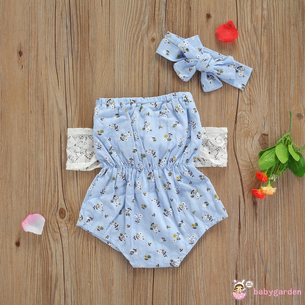 Set áo liền quần không tay + băng đô họa tiết hoa dành cho bé gái