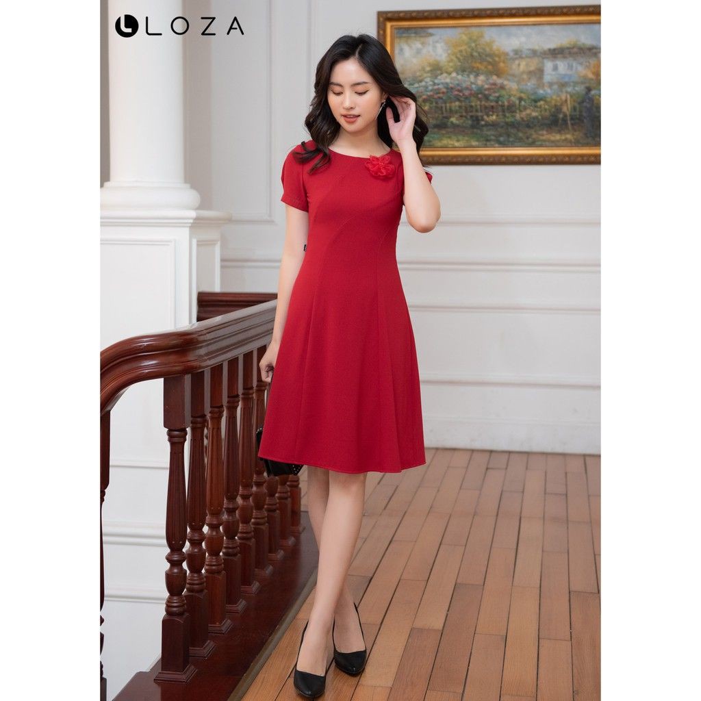 [Mã FAMALLT5 giảm 15% đơn 150k] Váy đầm dáng xòe màu đỏ đính hoa LOZA LD2339