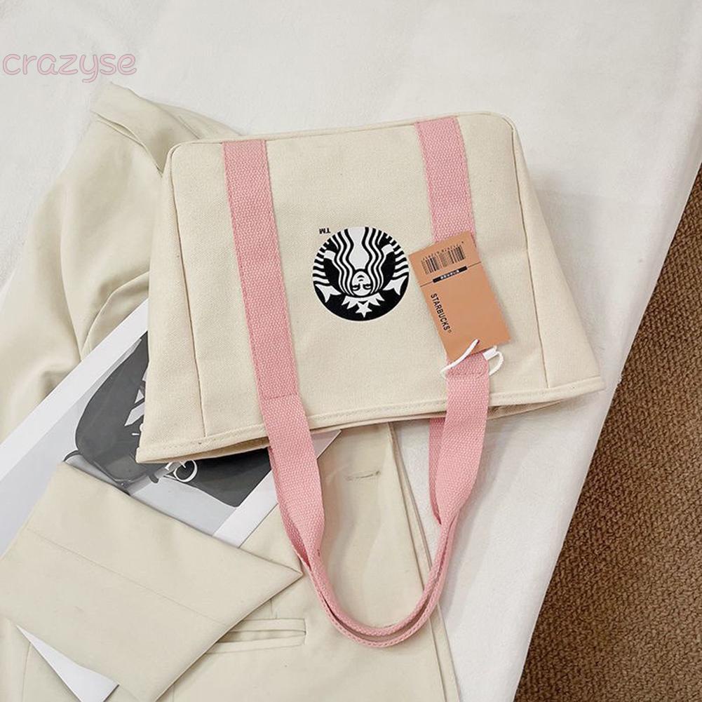 Túi Tote Vải Canvas Đựng Hộp Cơm Trưa Cỡ Lớn In Hình Starbucks Màu Trắng / Hồng Thời Trang