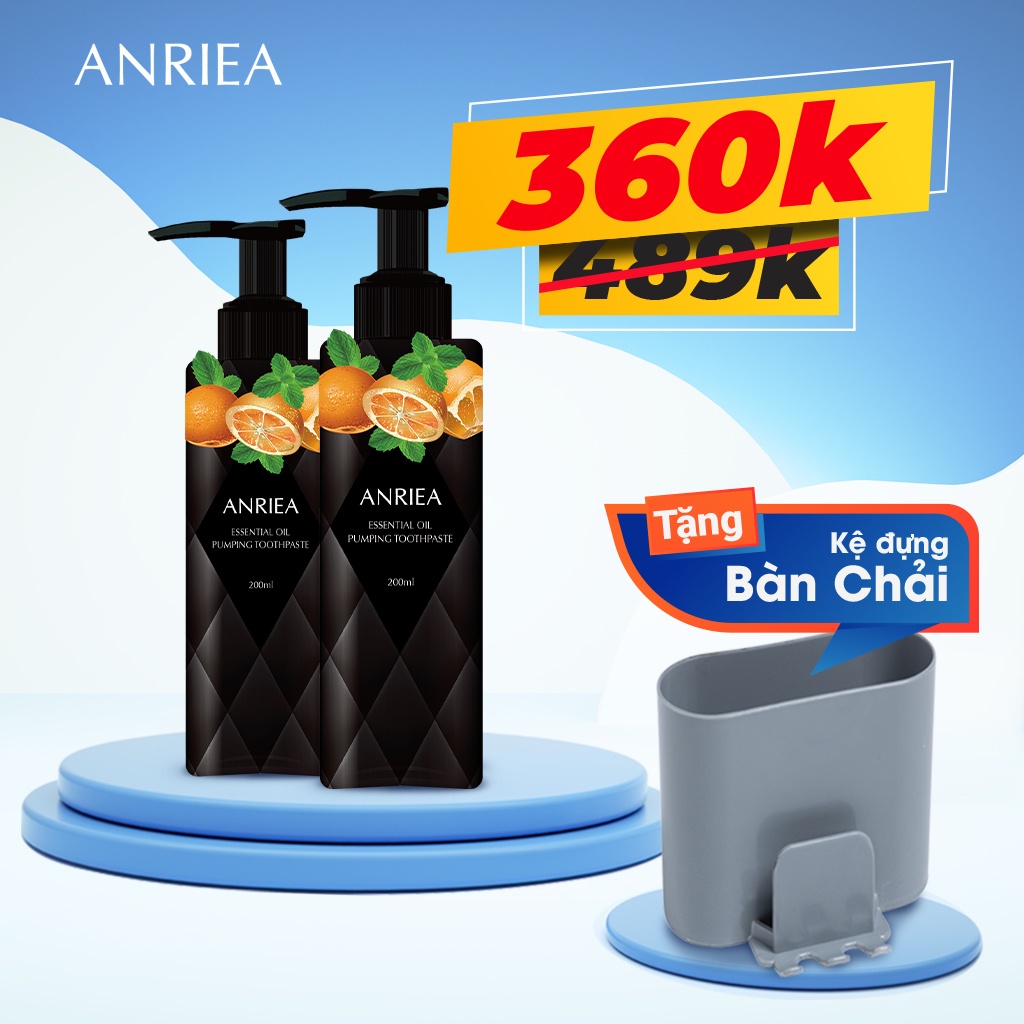 Combo 2 Chai Kem Đánh Răng Tinh Dầu Hương Cam Anriea (200ml/chai) - TẶNG 1 Kệ Để Bàn Chải