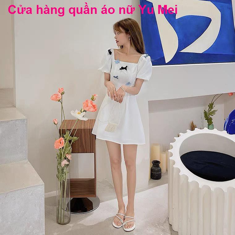 chân váyVáy Mối Tình Đầu Màu Trắng, Cổ Vuông, Nơ, Thắt Lưng Eo, Mỏng, Công Chúa, Nàng Tiên, Siêu Ngọt Ngào, M