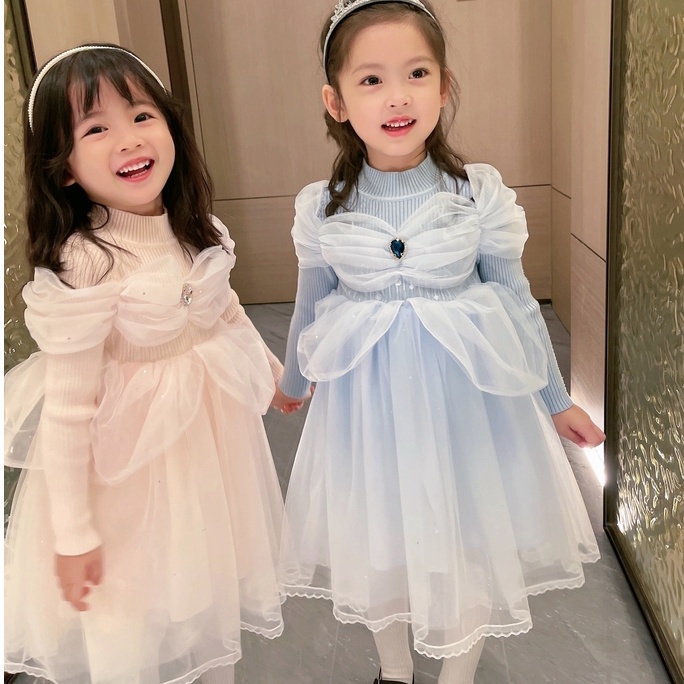 Đầm công chúa Elsa phối lưới giữ ấm thời trang thu đông dành cho bé gái