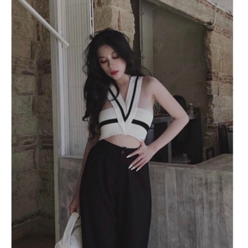 ÁO LEN CỔ V VIỀN DÁNG NGẮN SEXY , ÁO CỔ YẾM LEN QUẢNG CHÂU MS90199