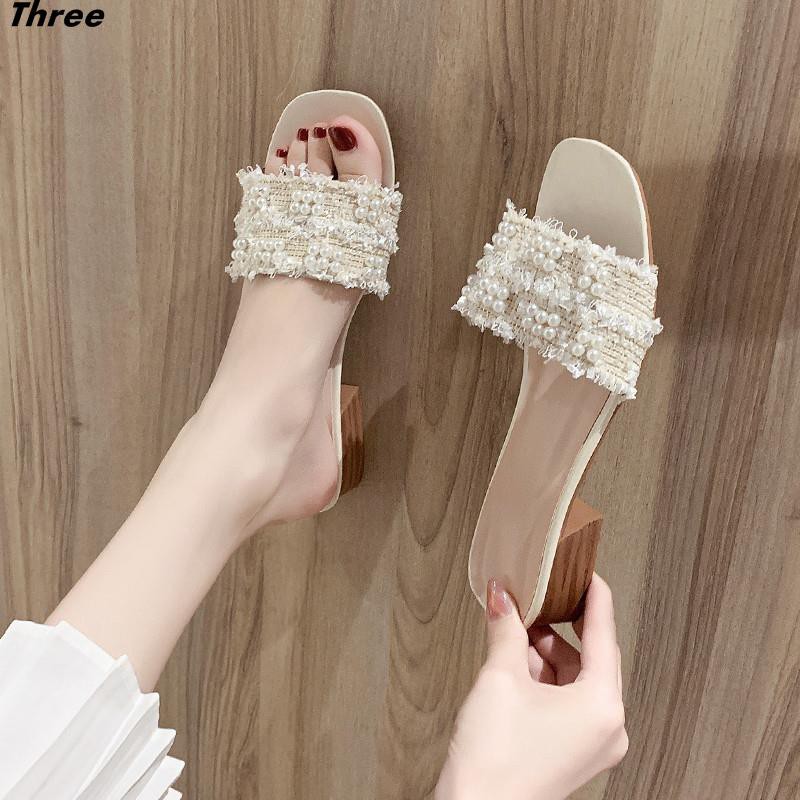 Women's shoes, slippers, pearl women's thick heel beach flip-flops, all-match women's fashion, external wear cool women