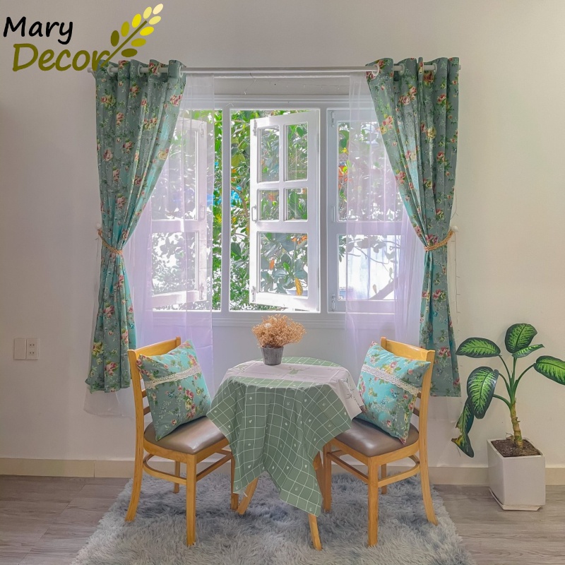 Rèm cửa đẹp cao cấp giá rẻ, mẫu mới nhất hiện nay chống nắng tốt - họa tiết hoa xanh vintage R-K04