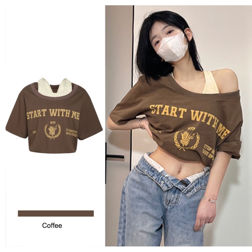 Áo Croptop Tay Ngắn Giả Hai Lớp In Họa Tiết Phong Cách Retro Mỹ Quyến Rũ Cho Nữ