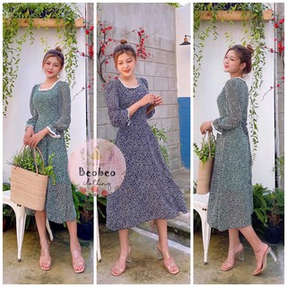 [Ảnh thật] Đầm midi cổ vuông viền ren tay bo loe 2 màu vintage
