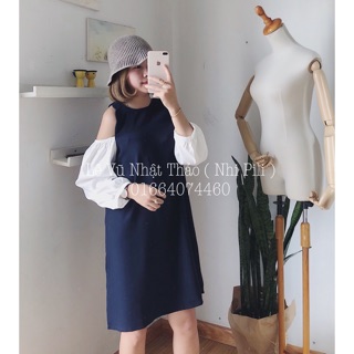 Đầm rớt vai phối tay trắng