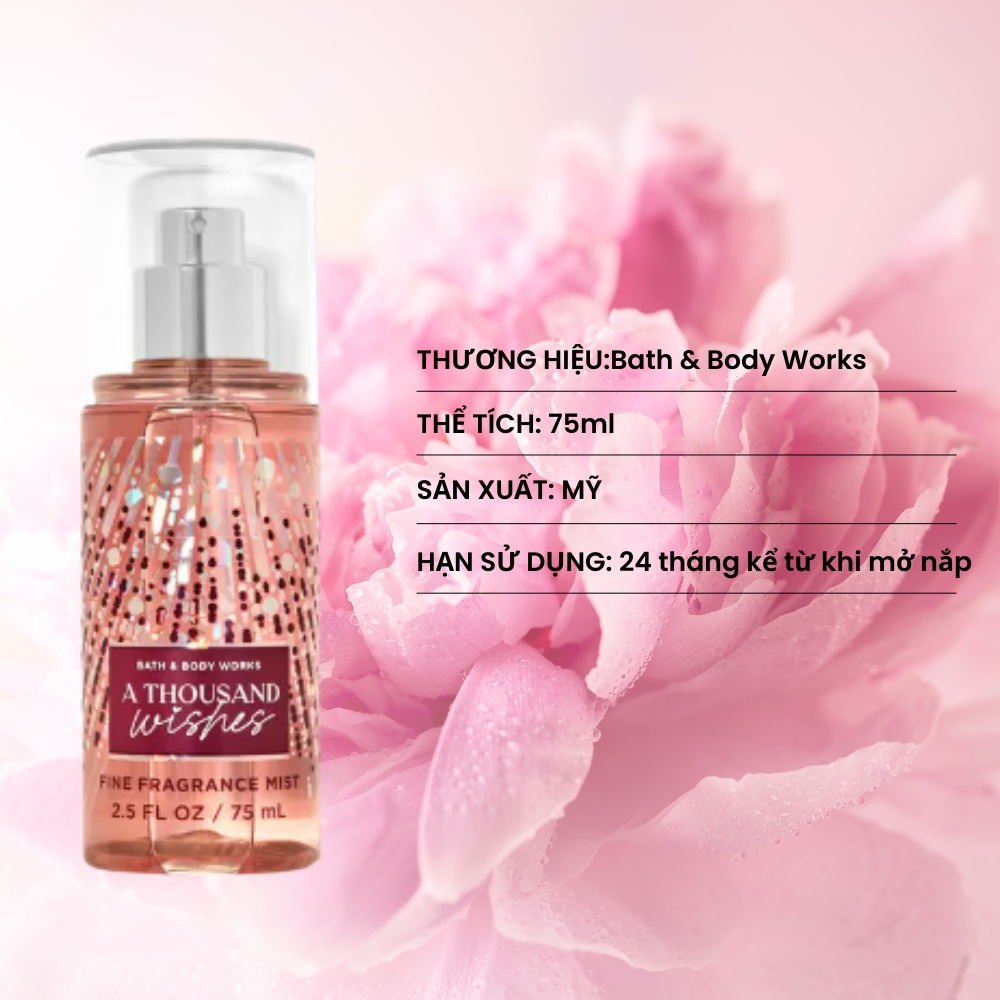 Xịt Thơm Toàn Thân Mini Bath & Body Works A Thousand Wishes 75ml Hương Hoa Mẫu Đơn