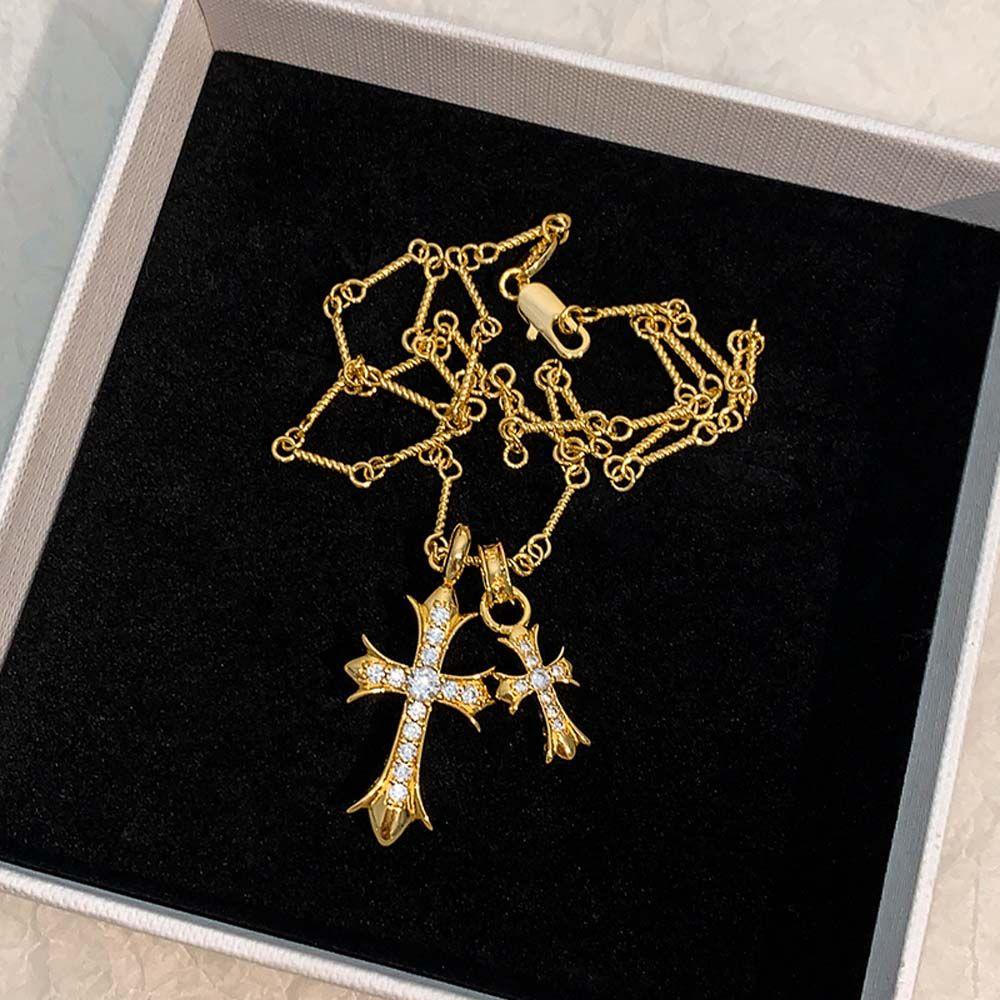 Vòng cổ Dài Hai Lớp Mặt Thánh Giá Đính Đá Đơn Giản Phong Cách Retro Cho Nam Nữ