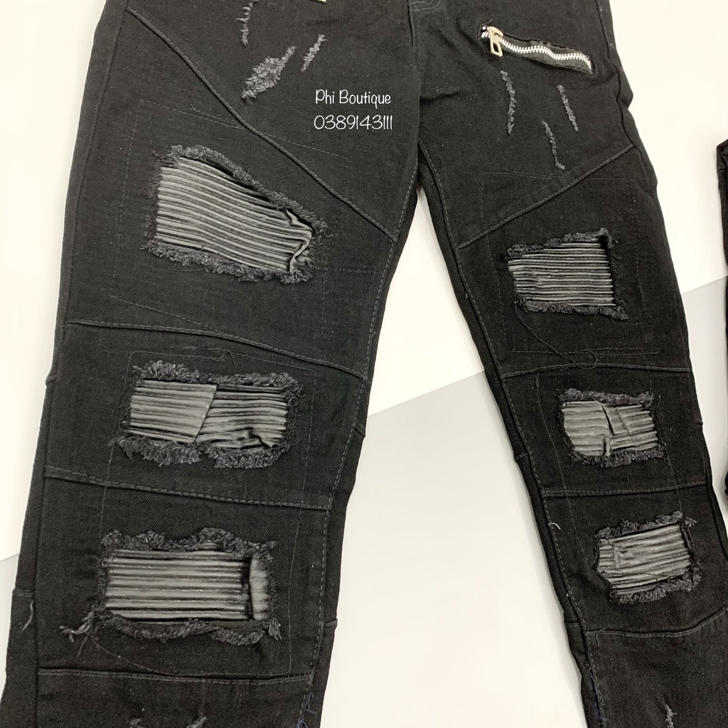 Quần jean bò nam Amiri skinny thêu khoá zip đùi phối rách lót da nhăn dọc đùi phong cách boy phố