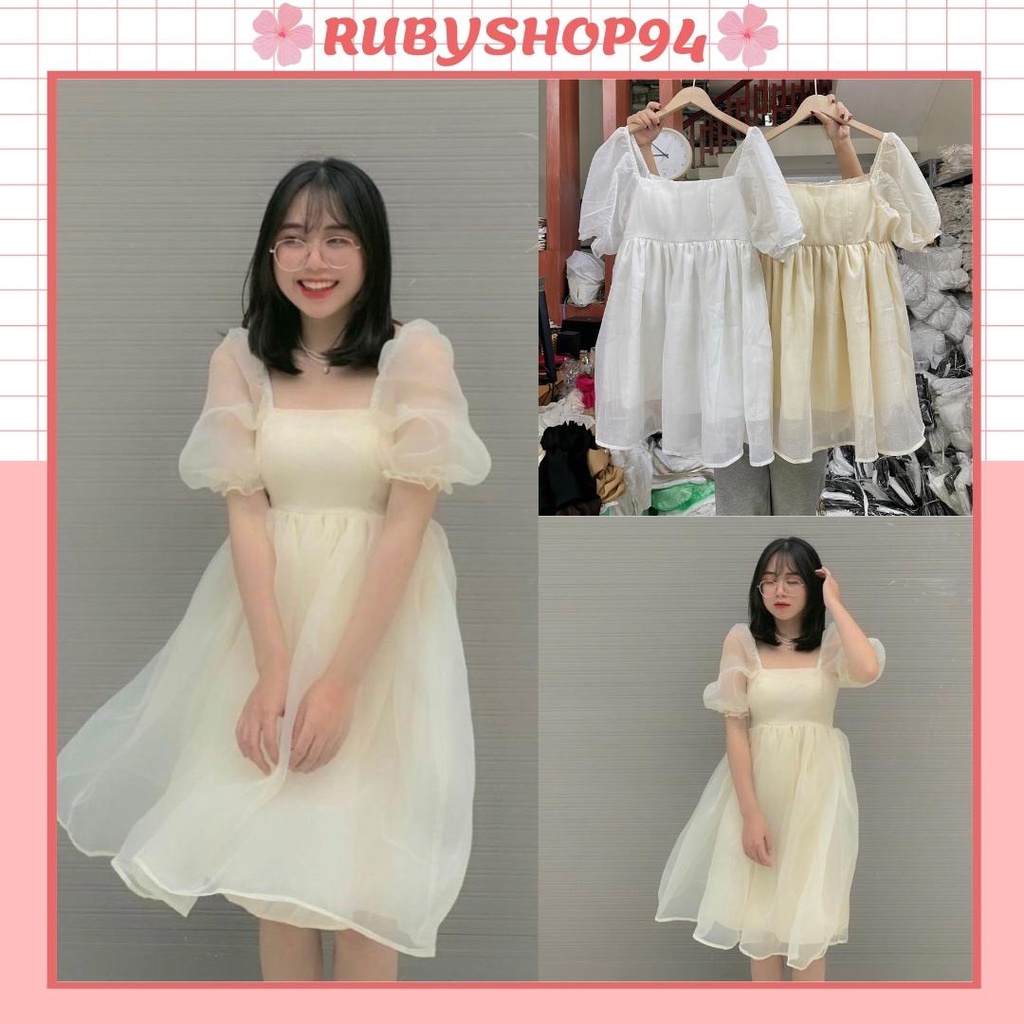 Đầm tiểu thư cổ vuông tay bồng, Váy voan nữ sang chảnh dáng xòe mặc đi chơi đi tiệc