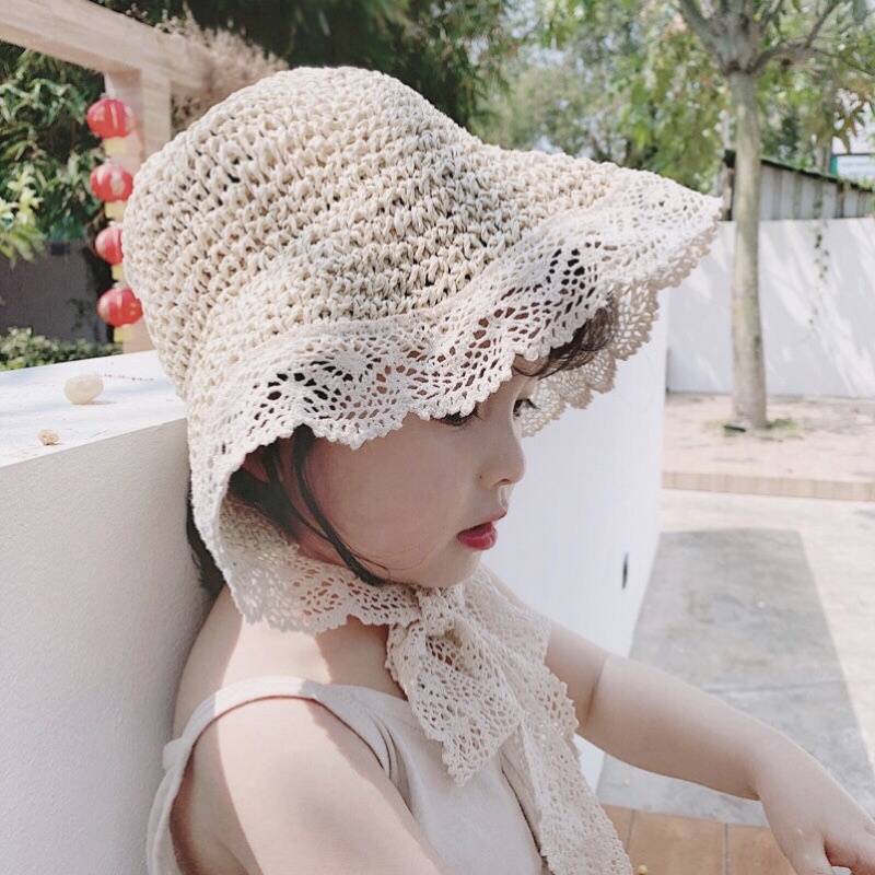 Mũ cói vành ren tiểu thư cho mẹ và bé có thể gấp gọn cực xinh
