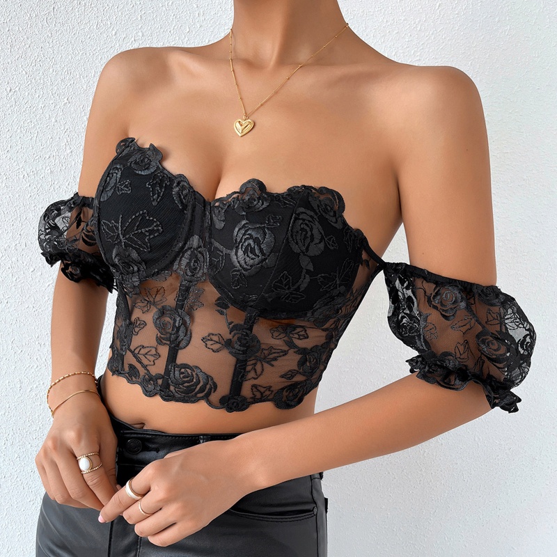 Áo Lưới Ôm Sát Cơ Thể Tay Phồng Phối Ren Hoa Hồng Gợi Cảm Cho Nữ