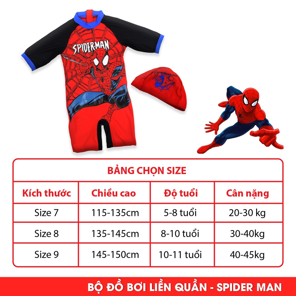 Đồ bơi bé trai bộ liền thân kèm mũ mẫu người nhện Spider Man vải lycra cao cấp