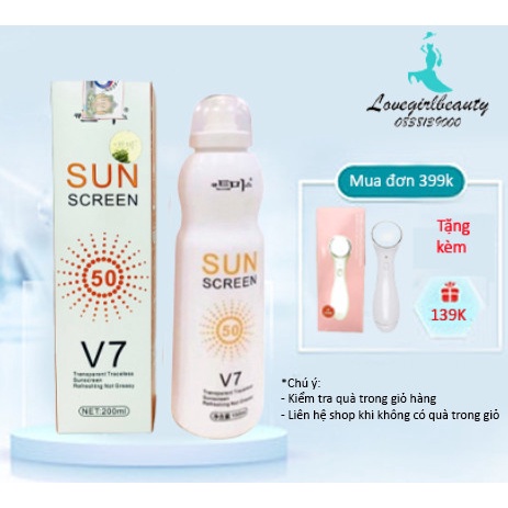 xịt chống nắng Sun Screen V7 nâng tone trắng da chống nước không bết dính kem chống nắng mặt body SPF50+