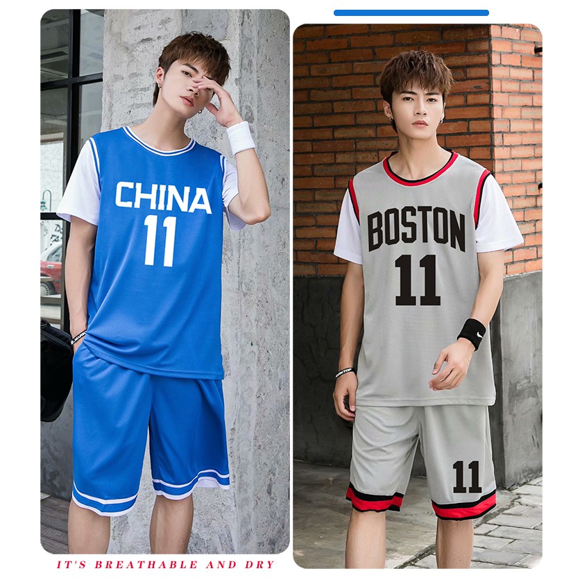 Jersey Y✣✣Bộ quần áo bóng rổ nam và nữ ngắn tay, tập luyện thi đấu gió bf rộng đồng phục đội, giả hai mảnh thoáng