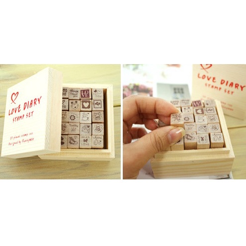 Hộp 25 con dấu gỗ mini Love diary (Tặng kèm 1 hộp mực đen)