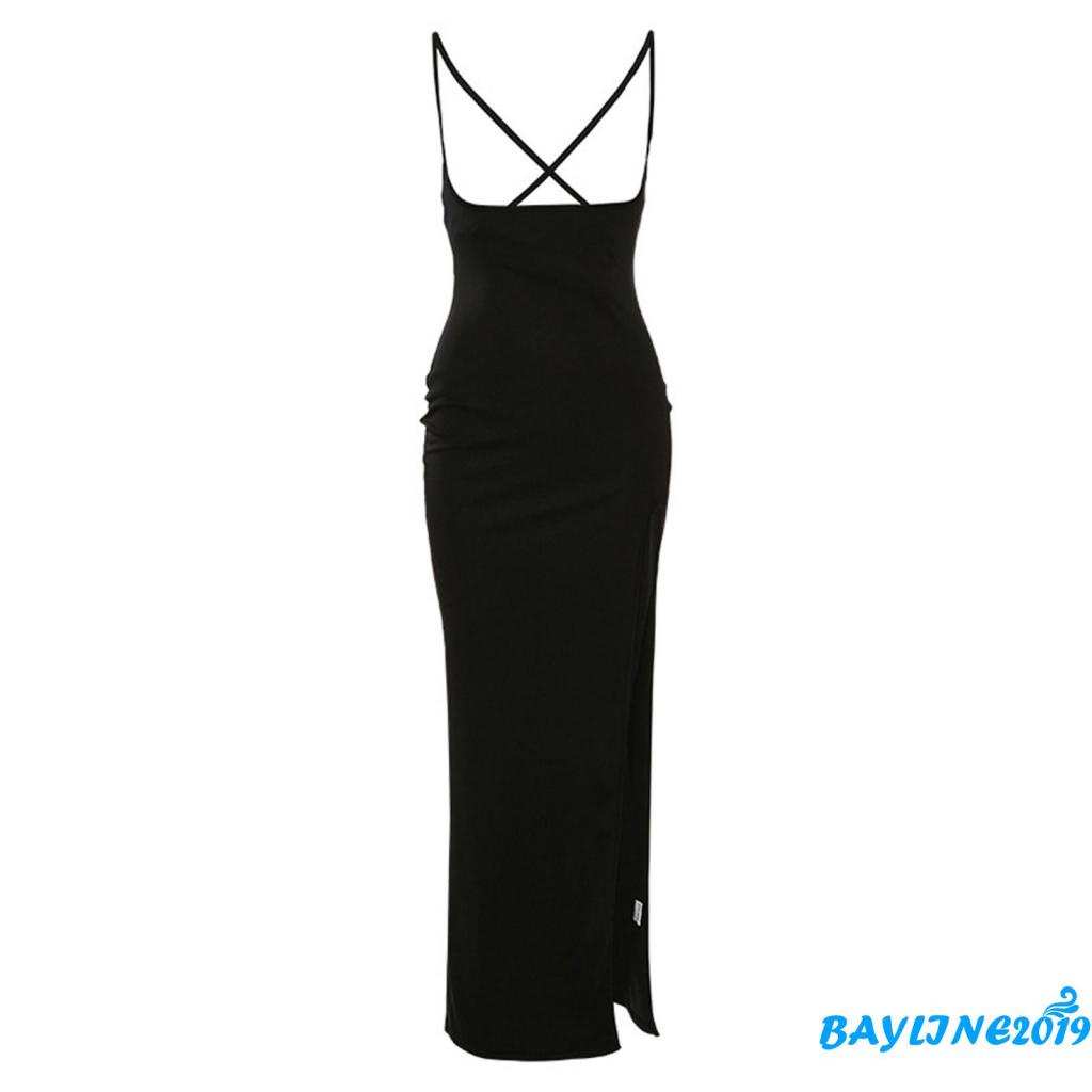Đầm midi 2 dây dáng rộng xẻ tà hở lưng màu đen trơn thời trang xuân hè quyến rũ cho nữ
