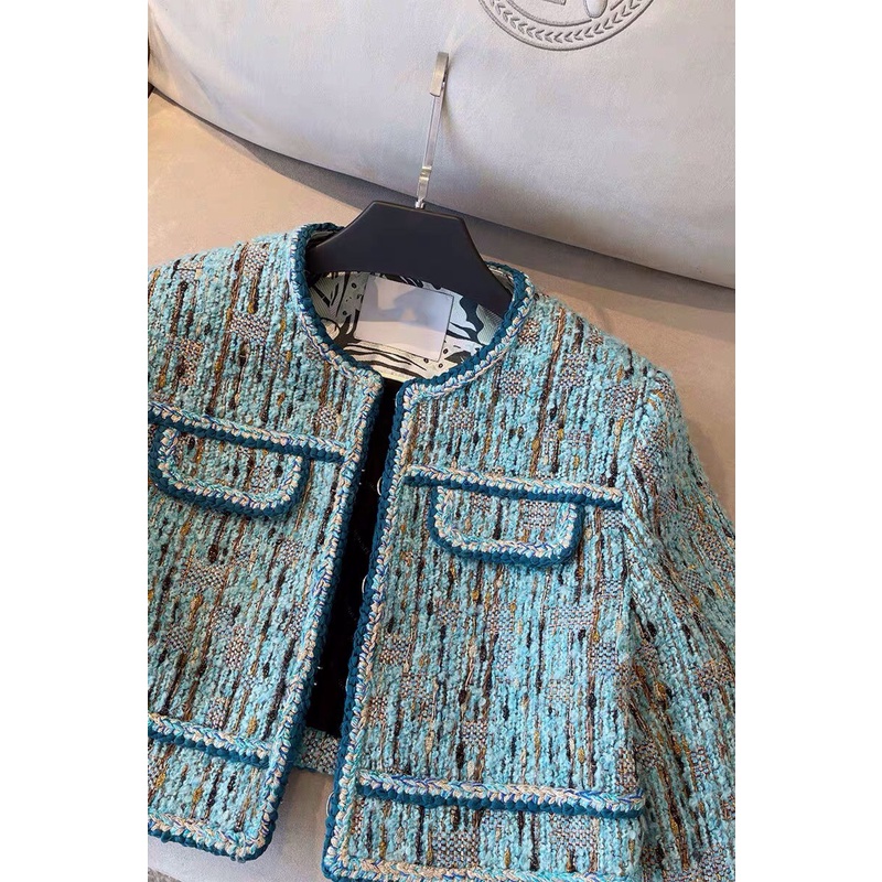 Áo dạ Tweed dáng ngắn màu xanh thu đông 2021