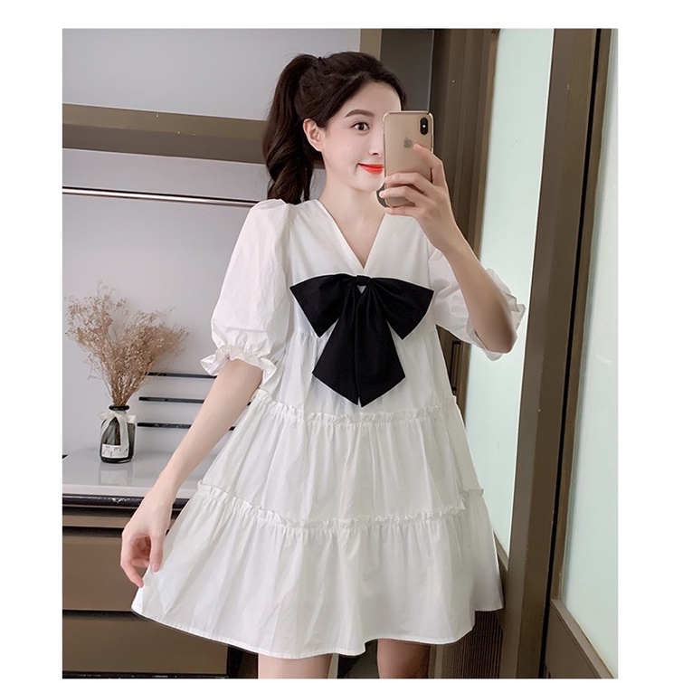Đầm babydoll đính nơ ❤️váy xoè xếp tầng cổ v ❤ ulzzang chất thô mềm