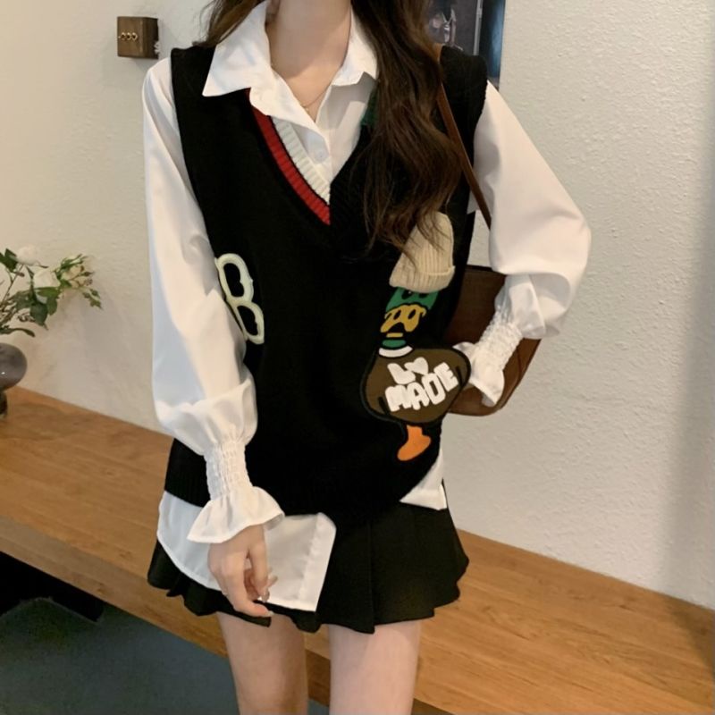 Áo Sweater Dệt Kim Màu Sắc Đối Lập Phong Cách Hàn Quốc