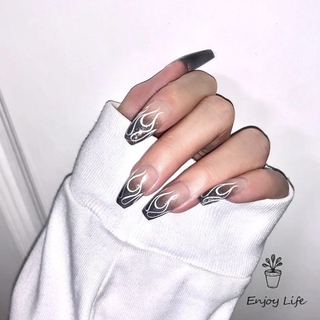 Bộ 24 móng tay giả dán keo kiểu móng dài họa tiết ngọn lửa nghệ thuật