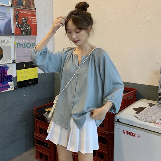 Áo sơ mi nữ tay dài màu trơn phong cách retro | BigBuy360 - bigbuy360.vn