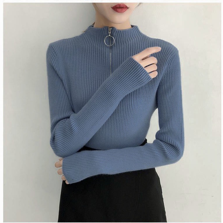 Áo Sweater dệt kim màu trơn phối khóa kéo phong cách Hàn Quốc cho nữ