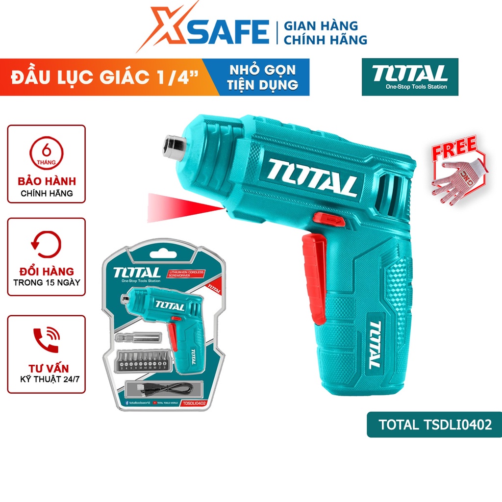 Máy bắn vít mini dùng pin 4V TOTAL TSDLI0402 đầu lục giác 1/4'', tốc độ 180v/p, lực xoắn 4nm, đèn led chiếu sáng - xsafe