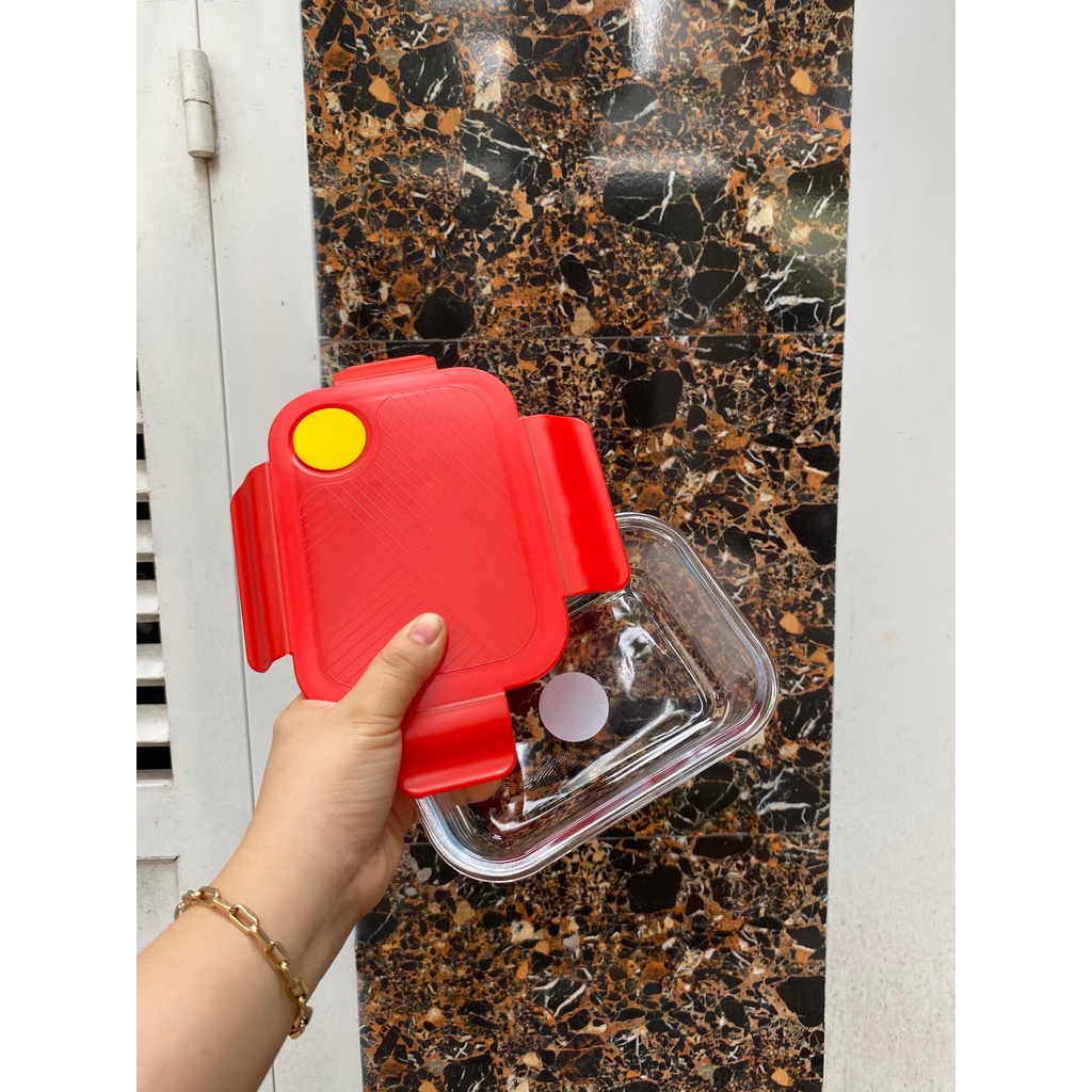 Hộp Thủy Tinh Chịu Nhiệt 640ml Nắp Đỏ - Nắp Gài Có Ron Chống Tràn - Hộp Đựng Thực Phẩm