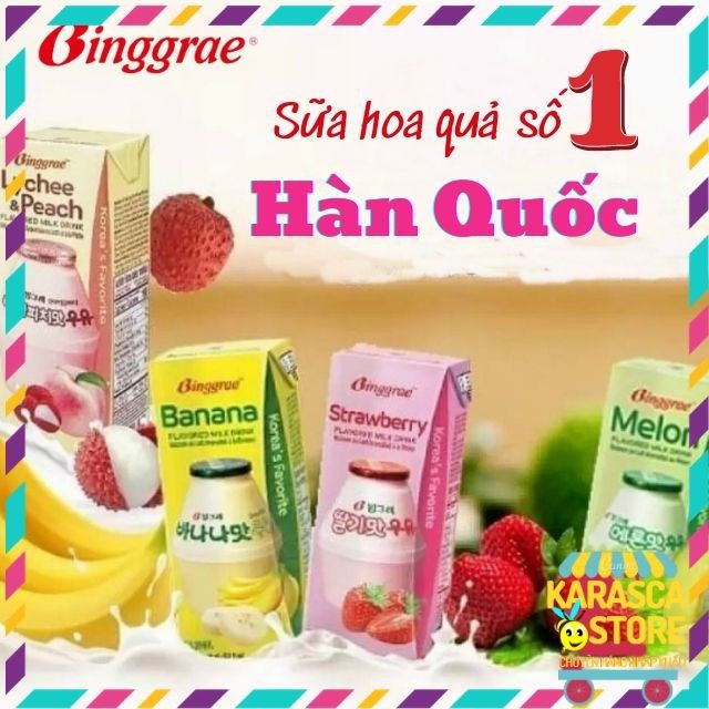 Sữa Hàn Quốc Binggrae Milk Vị Banana, Dâu, Dưa Lưới,Đào Vải - Lốc 6 Hộp 200ML