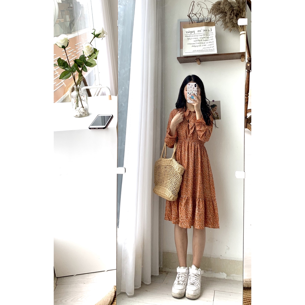 Váy - đầm hoa nhí thắt nơ dài tay