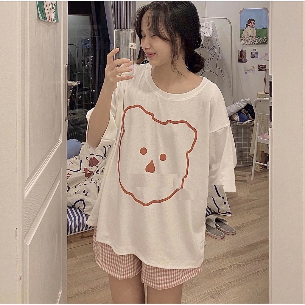 Set Cộc Gấu Short Caro PEONYB Nữ [FREESHIP]  Bộ quần đùi kẻ sọc kèm áo thun tay lỡ, phông in hình dễ thương Ulzzang
