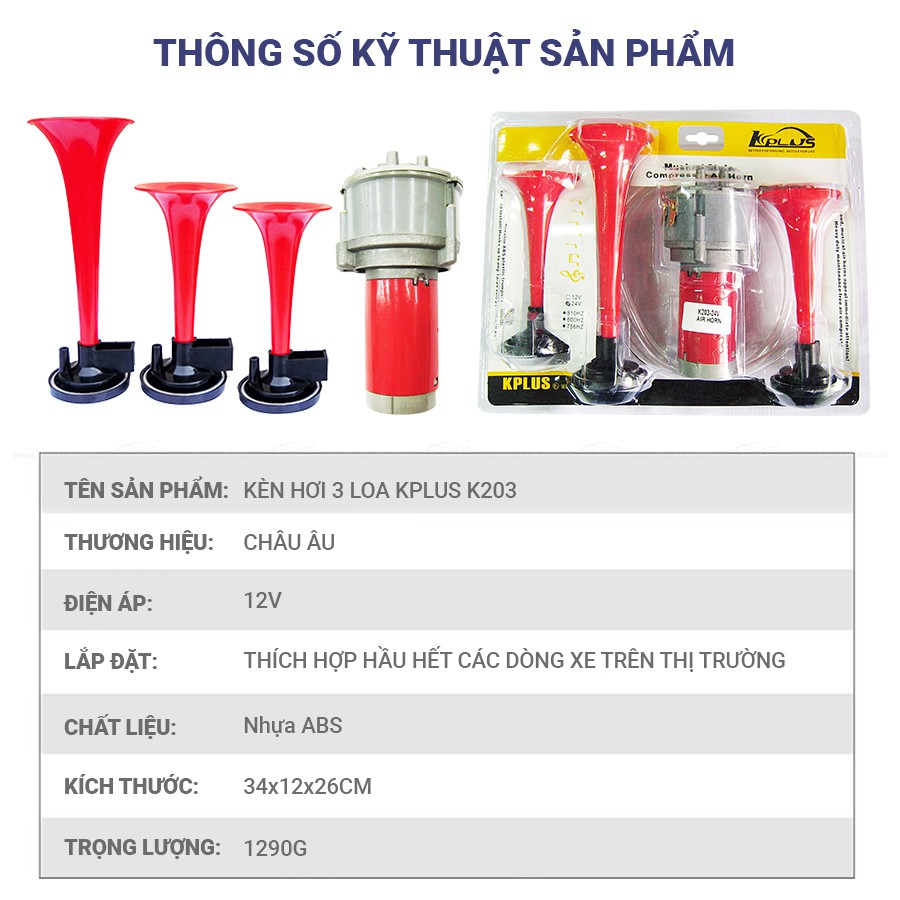 Kèn Hơi 3 Loa KPLUS K203 12V (Rơ Le Và Mô Tơ) - Nhập Khẩu Chính Hãng