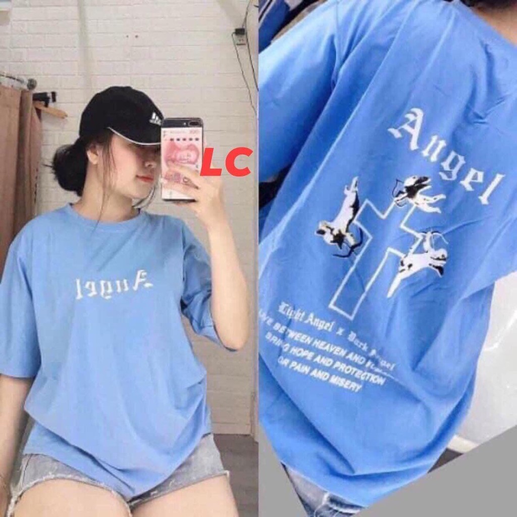 Áo phông unisex tay lỡ nam nữ ANGEL form rộng oversize, áo thun nam nữ tay lỡ basic xanh blue