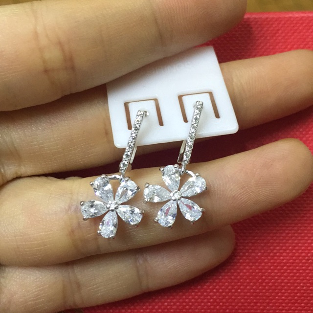 Khuyên tai treo hoa 5 cánh cực sáng bạc chuẩn