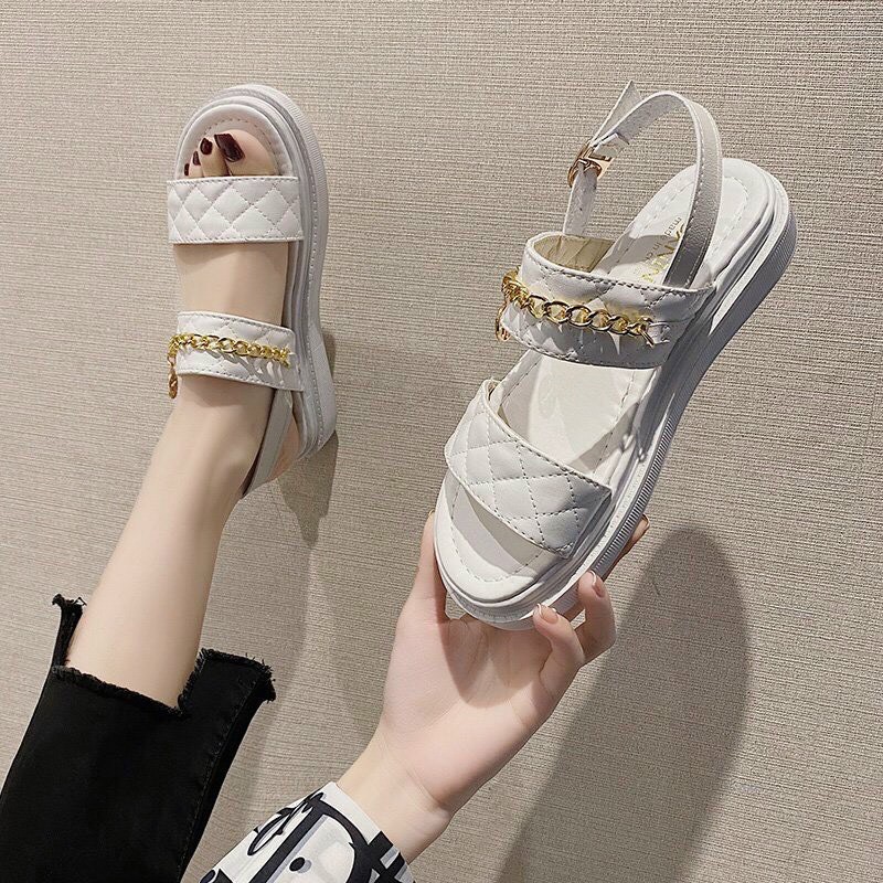 (freeship)giày dép sandal nữ quai da kẻ caro phối khoá vàng quai trên